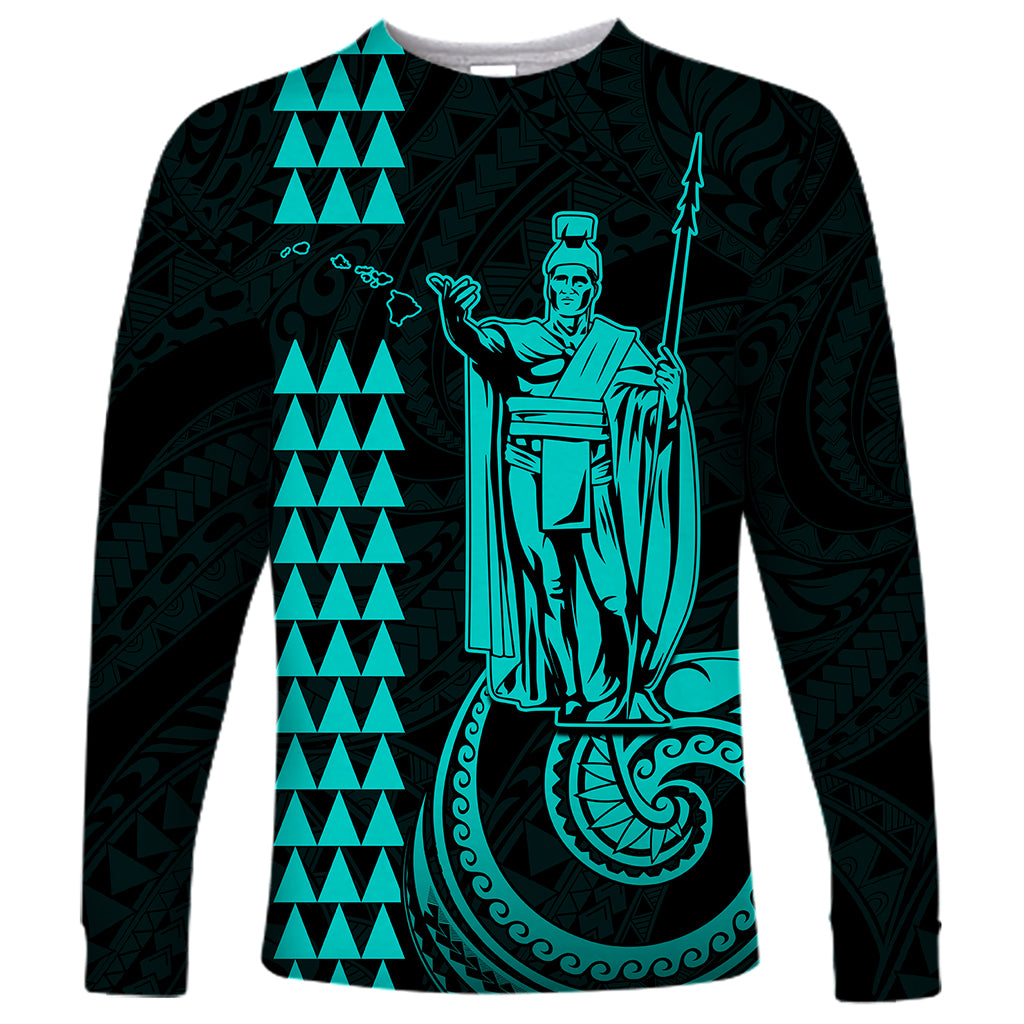 Custom Hawaii Long Sleeve Shirt King Kamehameha - Turquoise - Wonder Print Shop