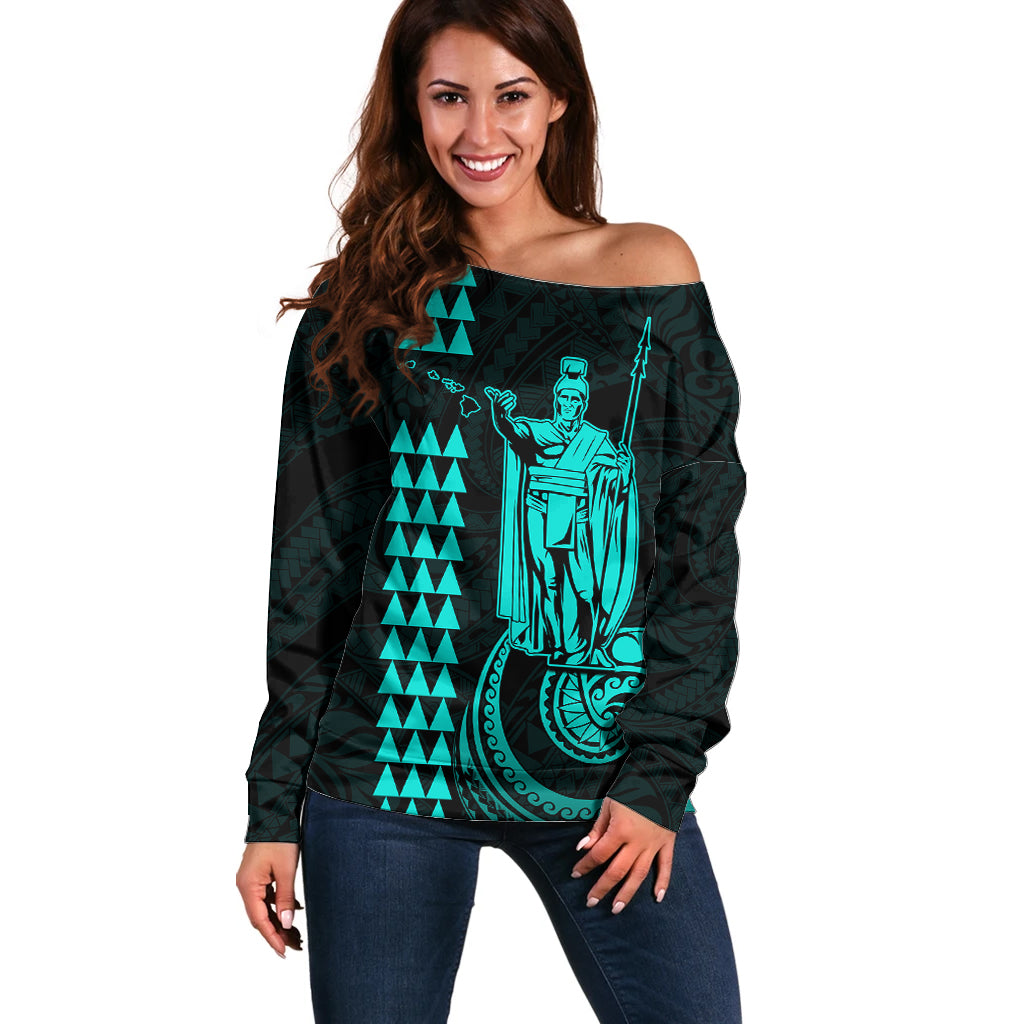 Custom Hawaii Off Shoulder Sweater King Kamehameha - Turquoise - Wonder Print Shop