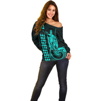 Custom Hawaii Off Shoulder Sweater King Kamehameha - Turquoise - Wonder Print Shop