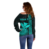 Custom Hawaii Off Shoulder Sweater King Kamehameha - Turquoise - Wonder Print Shop