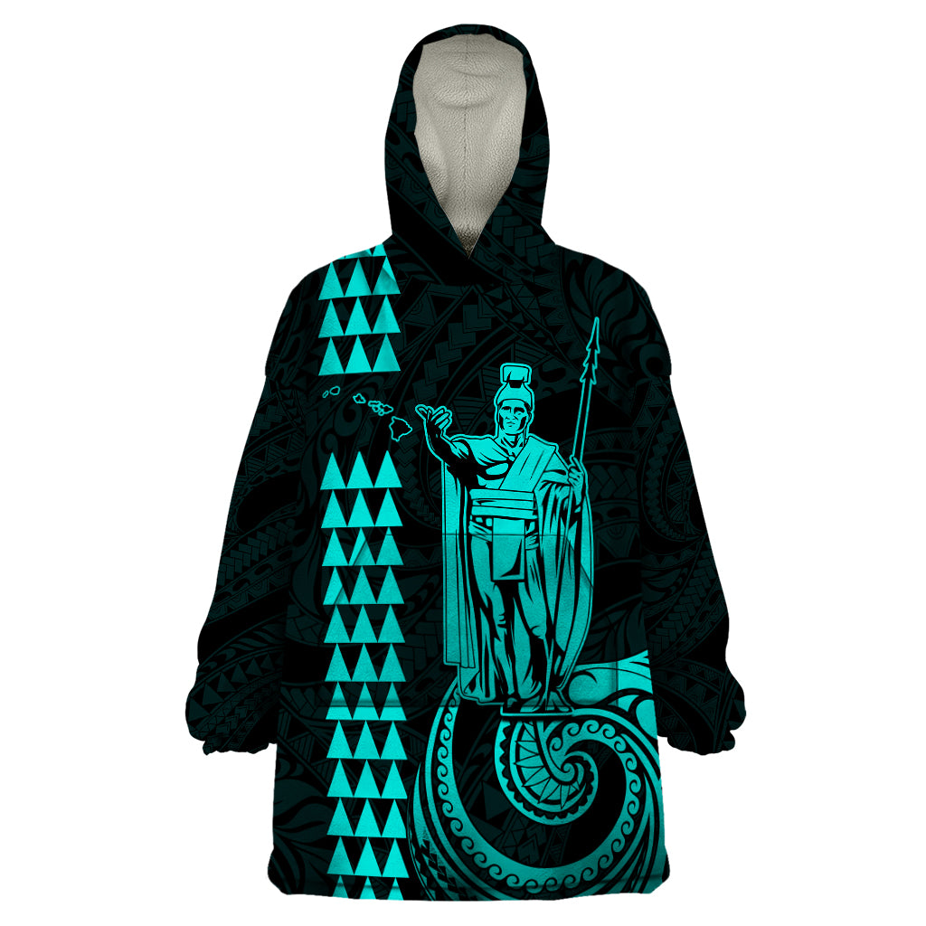 Custom Hawaii Wearable Blanket Hoodie King Kamehameha - Turquoise - Wonder Print Shop