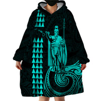 Custom Hawaii Wearable Blanket Hoodie King Kamehameha - Turquoise - Wonder Print Shop