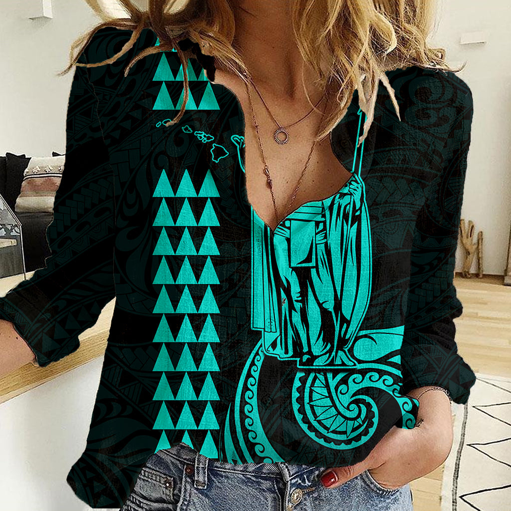 Custom Hawaii Women Casual Shirt King Kamehameha - Turquoise - Wonder Print Shop