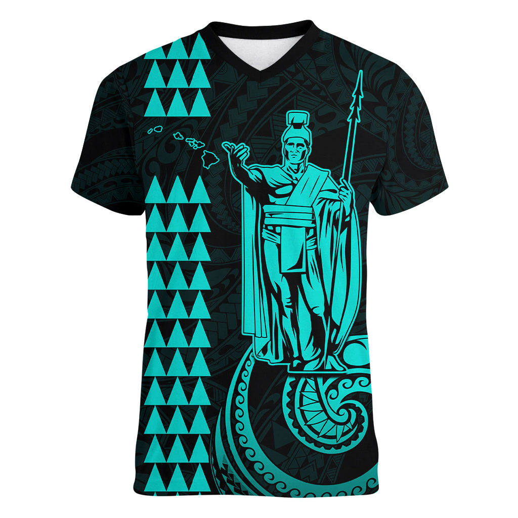 Custom Hawaii Women V Neck T Shirt King Kamehameha - Turquoise - Wonder Print Shop