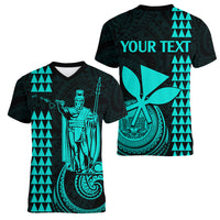 Custom Hawaii Women V Neck T Shirt King Kamehameha - Turquoise - Wonder Print Shop