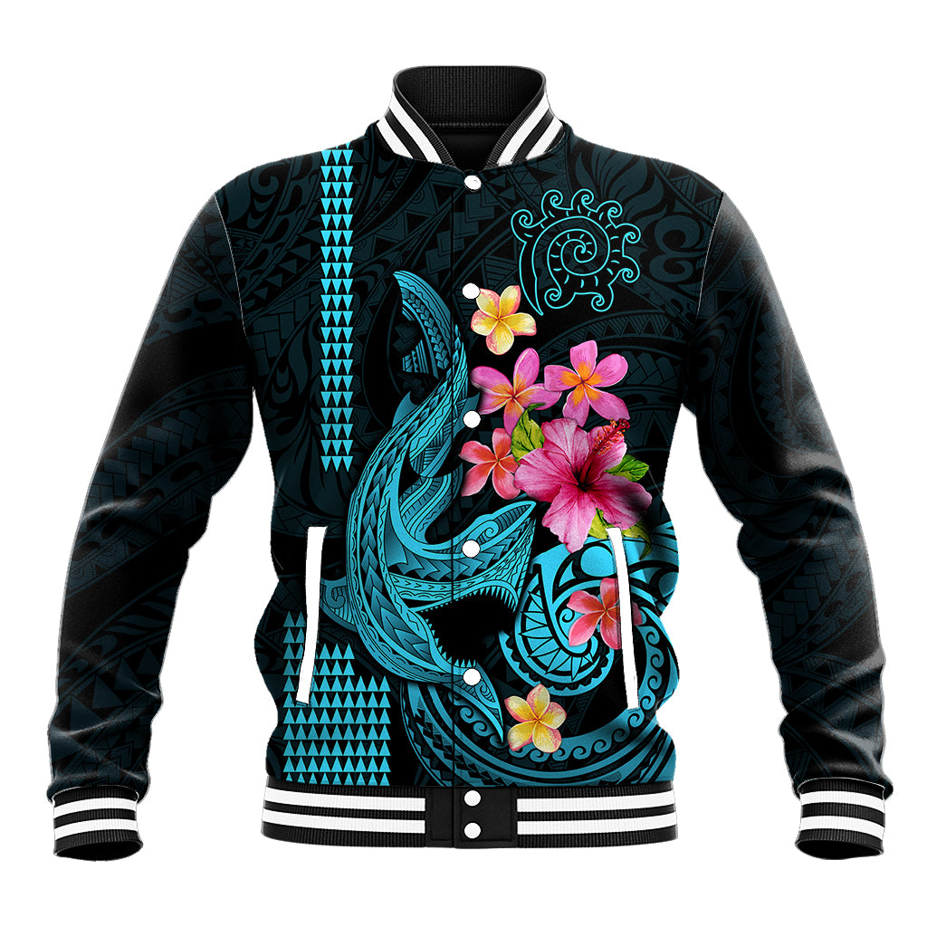 Custom Polynesian Baseball Jacket Hawaiian Warriors with Tribal Shark Tattoos - Blue LT9 - Wonder Print Shop