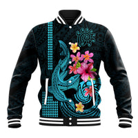 Custom Polynesian Baseball Jacket Hawaiian Warriors with Tribal Shark Tattoos - Blue LT9 - Wonder Print Shop