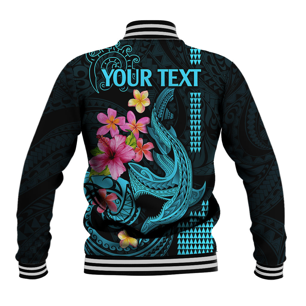 Custom Polynesian Baseball Jacket Hawaiian Warriors with Tribal Shark Tattoos - Blue LT9 - Wonder Print Shop