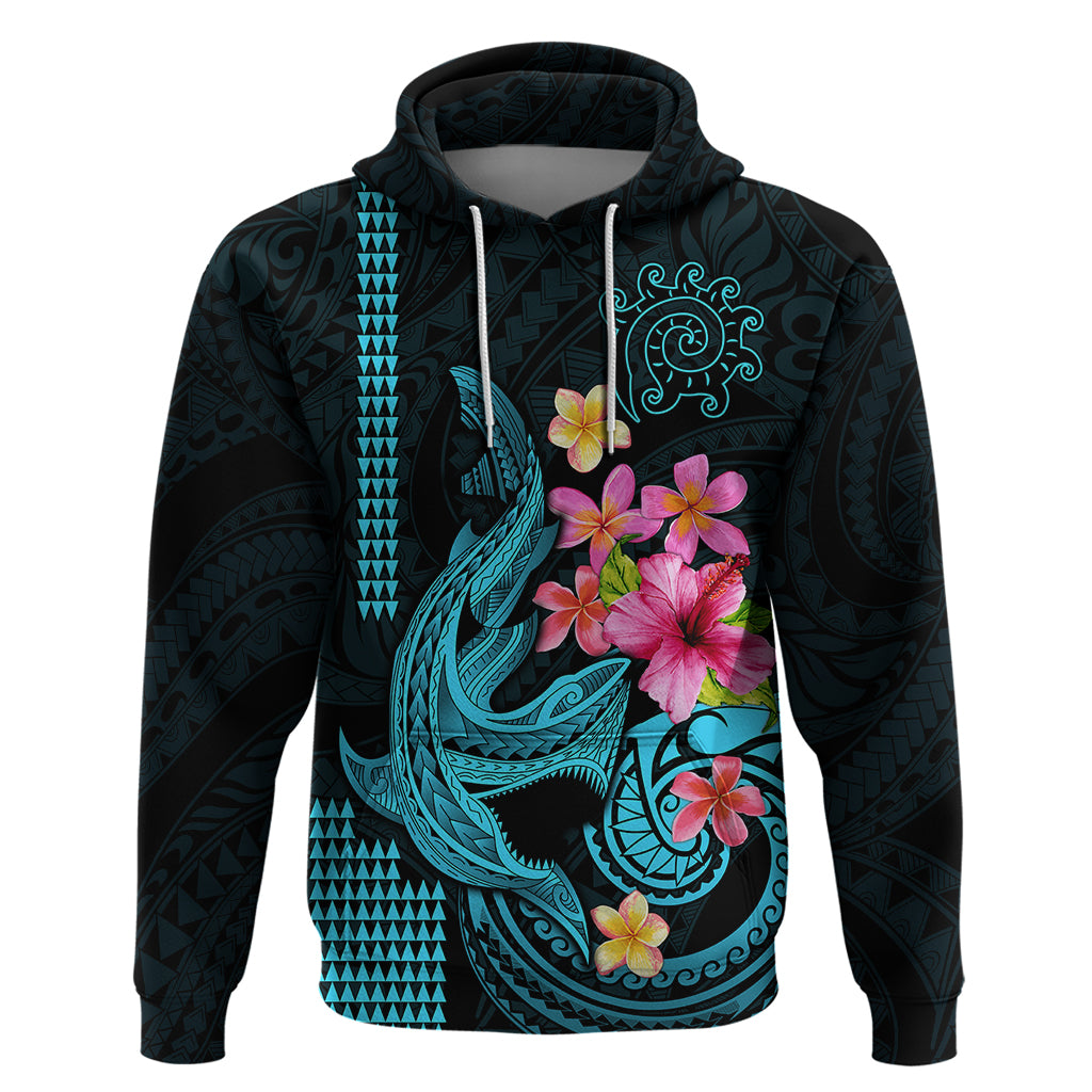 Custom Polynesian Hoodie Hawaiian Warriors with Tribal Shark Tattoos - Blue - Wonder Print Shop