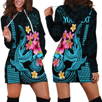 Custom Polynesian Hoodie Dress Hawaiian Warriors with Tribal Shark Tattoos - Blue - Wonder Print Shop