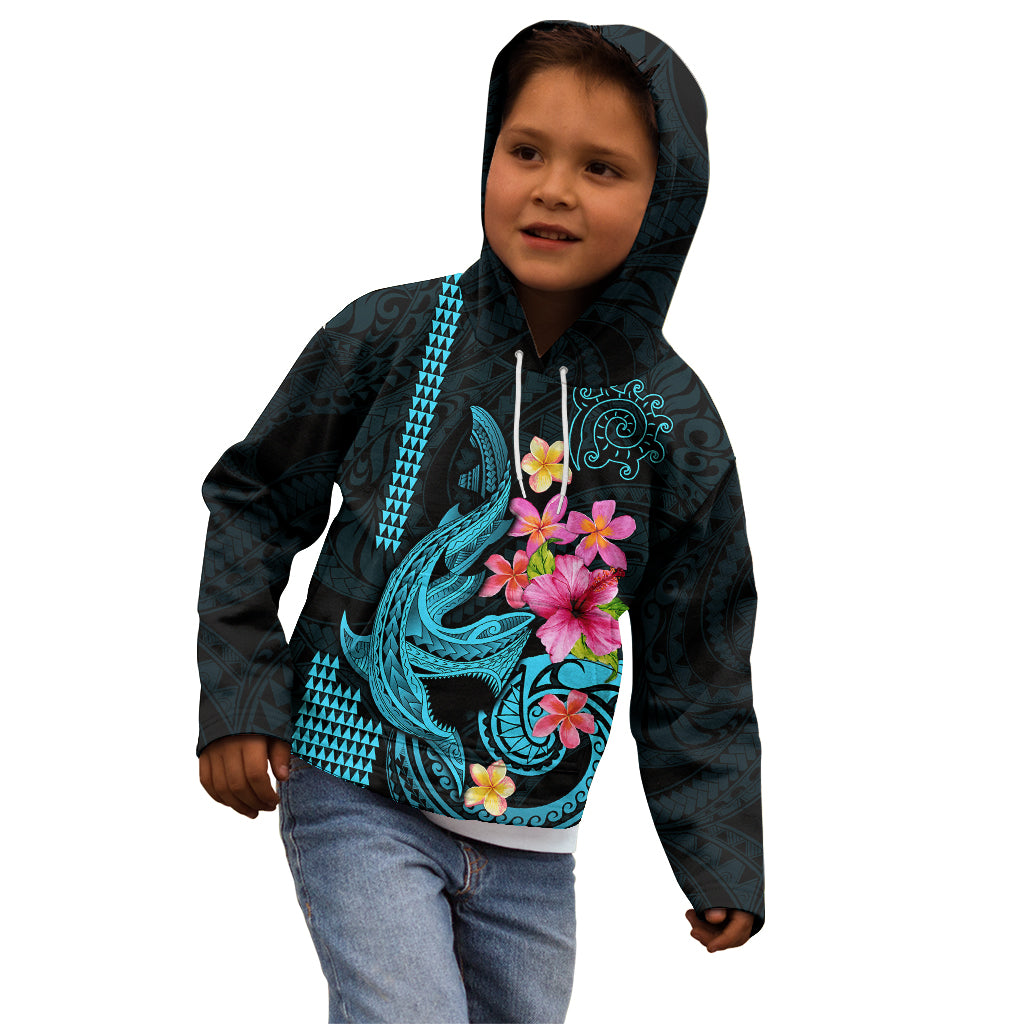 Custom Polynesian Kid Hoodie Hawaiian Warriors with Tribal Shark Tattoos - Blue - Wonder Print Shop