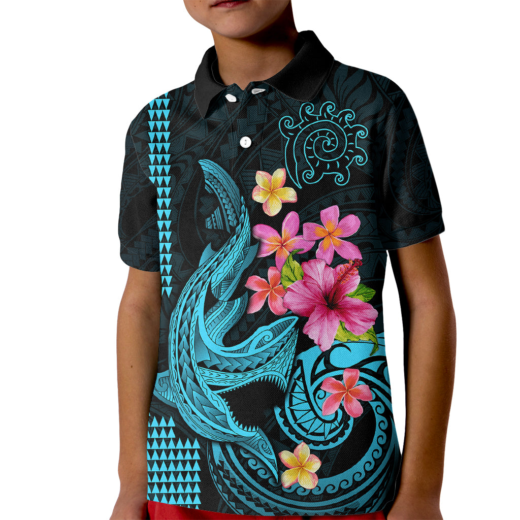 Custom Polynesian Kid Polo Shirt Hawaiian Warriors with Tribal Shark Tattoos - Blue - Wonder Print Shop