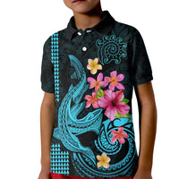 Custom Polynesian Kid Polo Shirt Hawaiian Warriors with Tribal Shark Tattoos - Blue - Wonder Print Shop