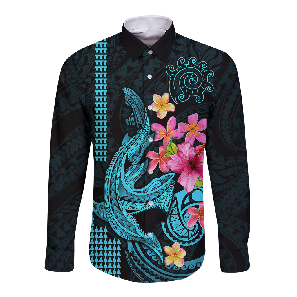 Custom Polynesian Long Sleeve Button Shirt Hawaiian Warriors with Tribal Shark Tattoos - Blue - Wonder Print Shop