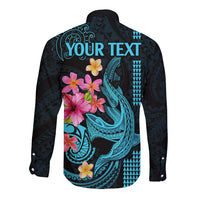 Custom Polynesian Long Sleeve Button Shirt Hawaiian Warriors with Tribal Shark Tattoos - Blue - Wonder Print Shop
