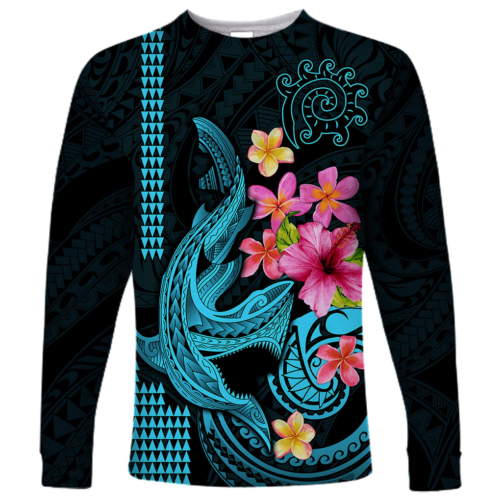 Custom Polynesian Long Sleeve Shirt Hawaiian Warriors with Tribal Shark Tattoos - Blue - Wonder Print Shop