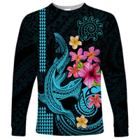Custom Polynesian Long Sleeve Shirt Hawaiian Warriors with Tribal Shark Tattoos - Blue - Wonder Print Shop