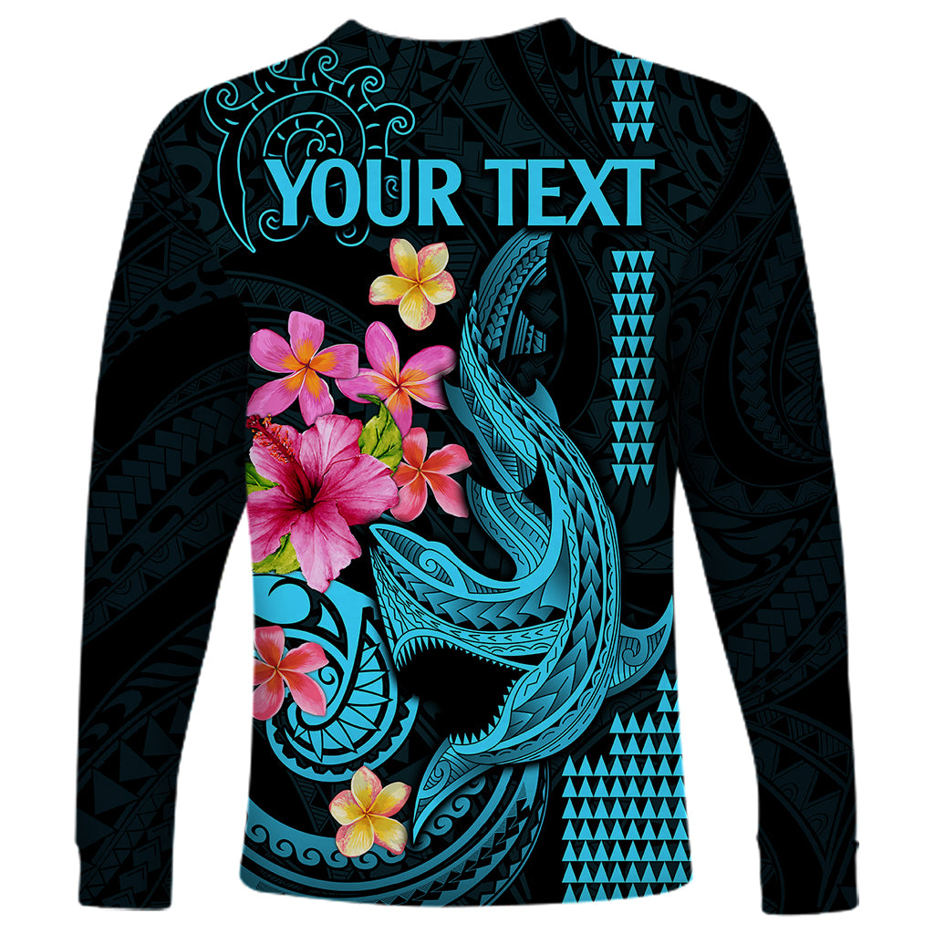 Custom Polynesian Long Sleeve Shirt Hawaiian Warriors with Tribal Shark Tattoos - Blue - Wonder Print Shop