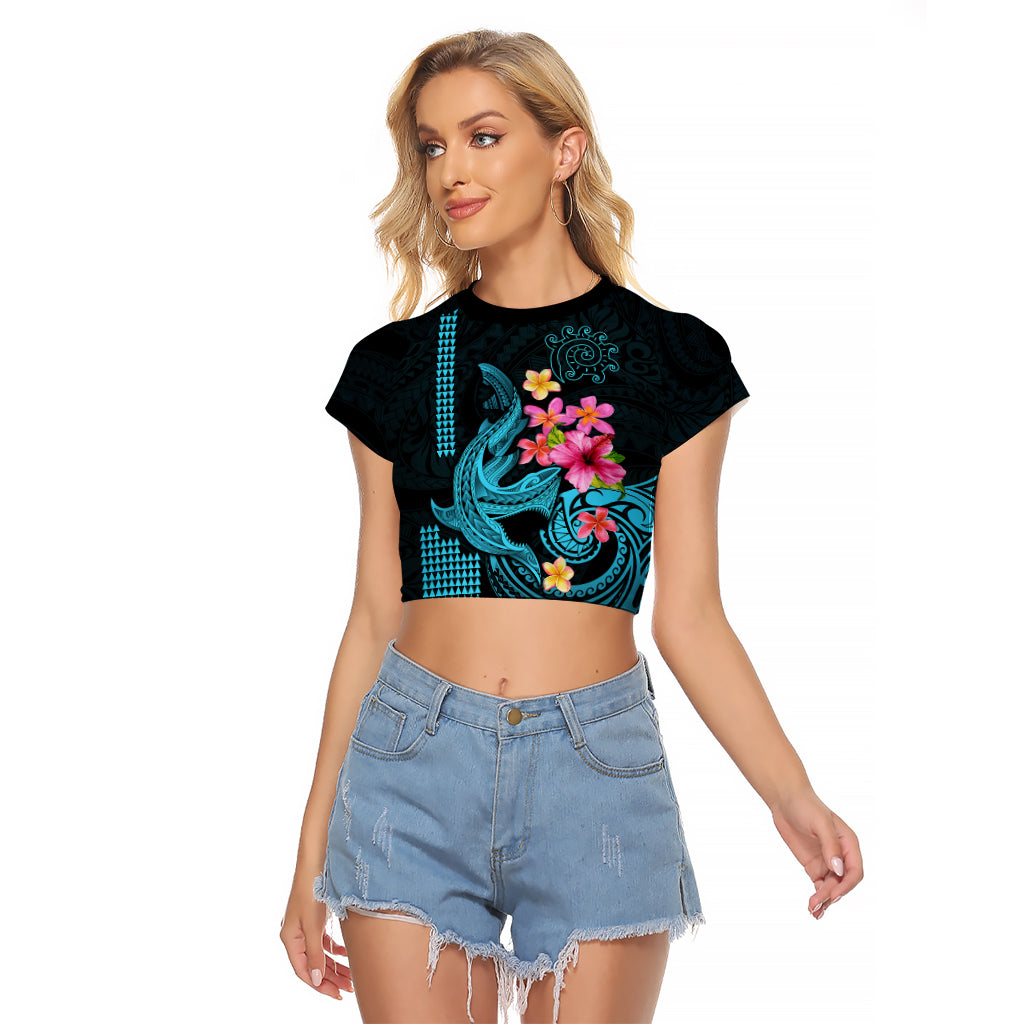 Custom Polynesian Raglan Cropped T Shirt Hawaiian Warriors with Tribal Shark Tattoos - Blue - Wonder Print Shop
