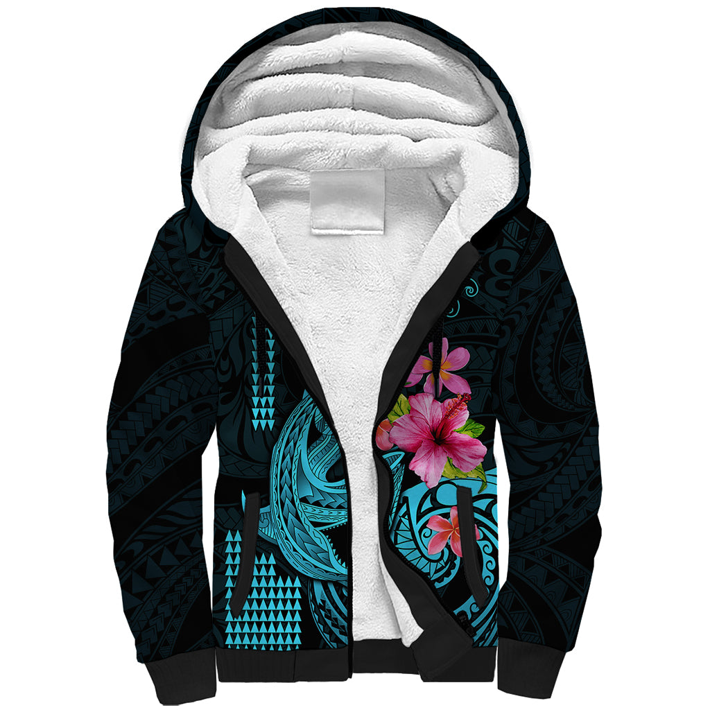 Custom Polynesian Sherpa Hoodie Hawaiian Warriors with Tribal Shark Tattoos - Blue - Wonder Print Shop