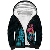 Custom Polynesian Sherpa Hoodie Hawaiian Warriors with Tribal Shark Tattoos - Blue - Wonder Print Shop