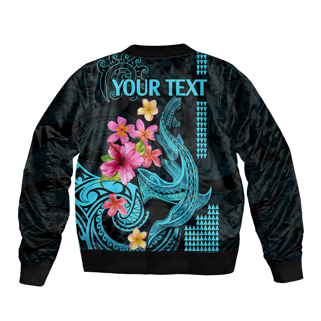 Custom Polynesian Sleeve Zip Bomber Jacket Hawaiian Warriors with Tribal Shark Tattoos - Blue - Wonder Print Shop