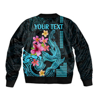 Custom Polynesian Sleeve Zip Bomber Jacket Hawaiian Warriors with Tribal Shark Tattoos - Blue - Wonder Print Shop