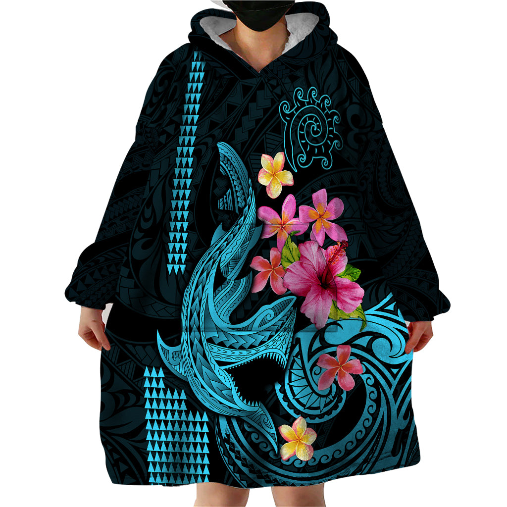 Custom Polynesian Wearable Blanket Hoodie Hawaiian Warriors with Tribal Shark Tattoos - Blue - Wonder Print Shop