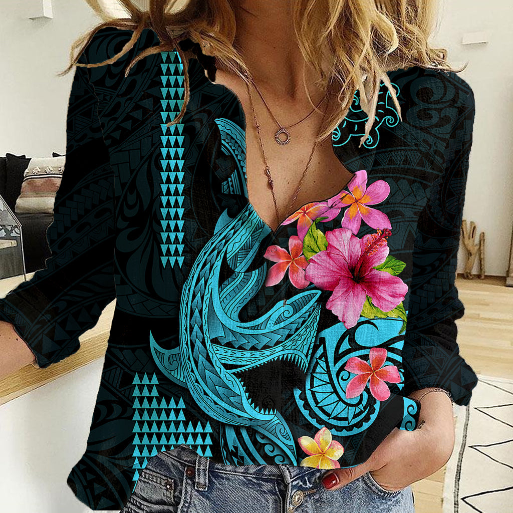 Custom Polynesian Women Casual Shirt Hawaiian Warriors with Tribal Shark Tattoos - Blue - Wonder Print Shop