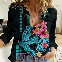 Custom Polynesian Women Casual Shirt Hawaiian Warriors with Tribal Shark Tattoos - Blue - Wonder Print Shop