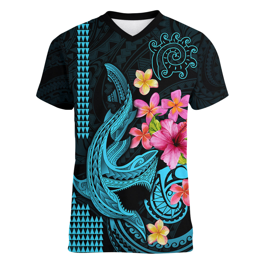 Custom Polynesian Women V Neck T Shirt Hawaiian Warriors with Tribal Shark Tattoos - Blue - Wonder Print Shop