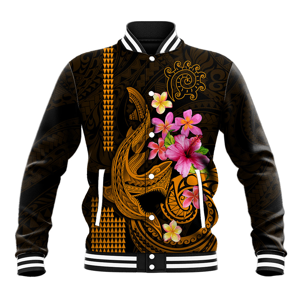 Custom Polynesian Baseball Jacket Hawaiian Warriors with Tribal Shark Tattoos - Gold LT9 - Wonder Print Shop