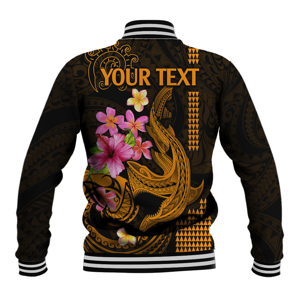Custom Polynesian Baseball Jacket Hawaiian Warriors with Tribal Shark Tattoos - Gold LT9 - Wonder Print Shop