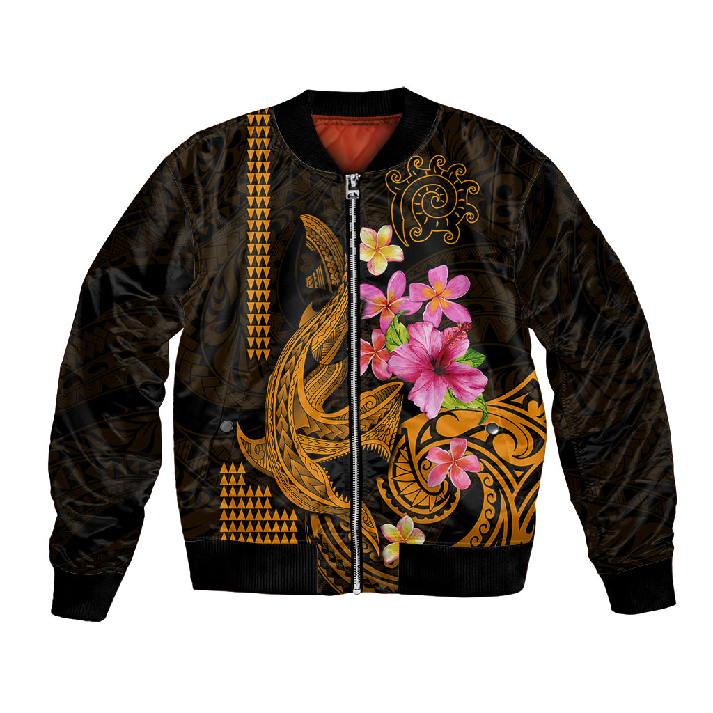 Custom Polynesian Bomber Jacket Hawaiian Warriors with Tribal Shark Tattoos - Gold LT9 - Wonder Print Shop