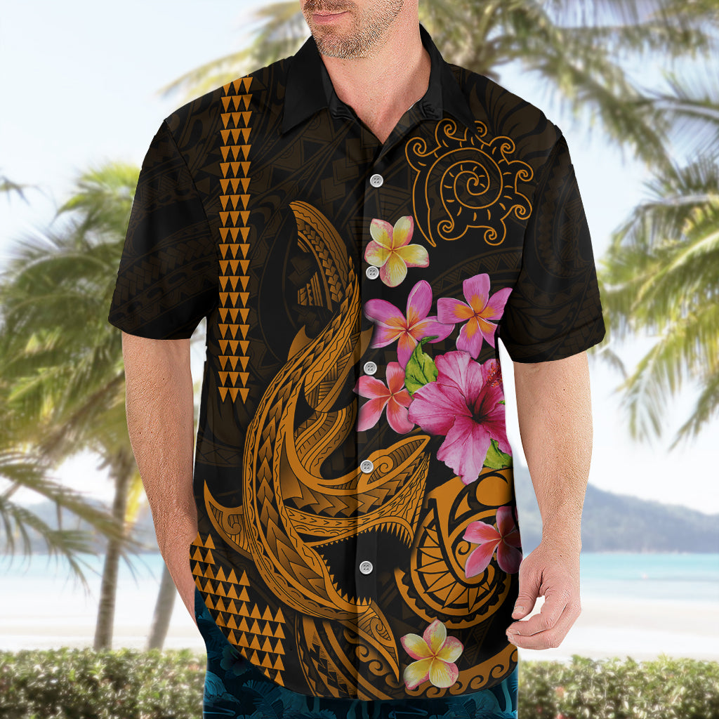 Custom Polynesian Hawaiian Shirt Hawaiian Warriors with Tribal Shark Tattoos - Gold - Wonder Print Shop