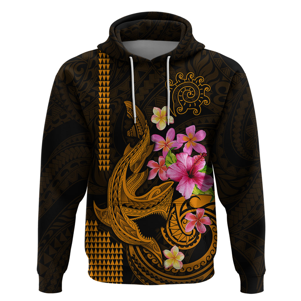 Custom Polynesian Hoodie Hawaiian Warriors with Tribal Shark Tattoos - Gold - Wonder Print Shop