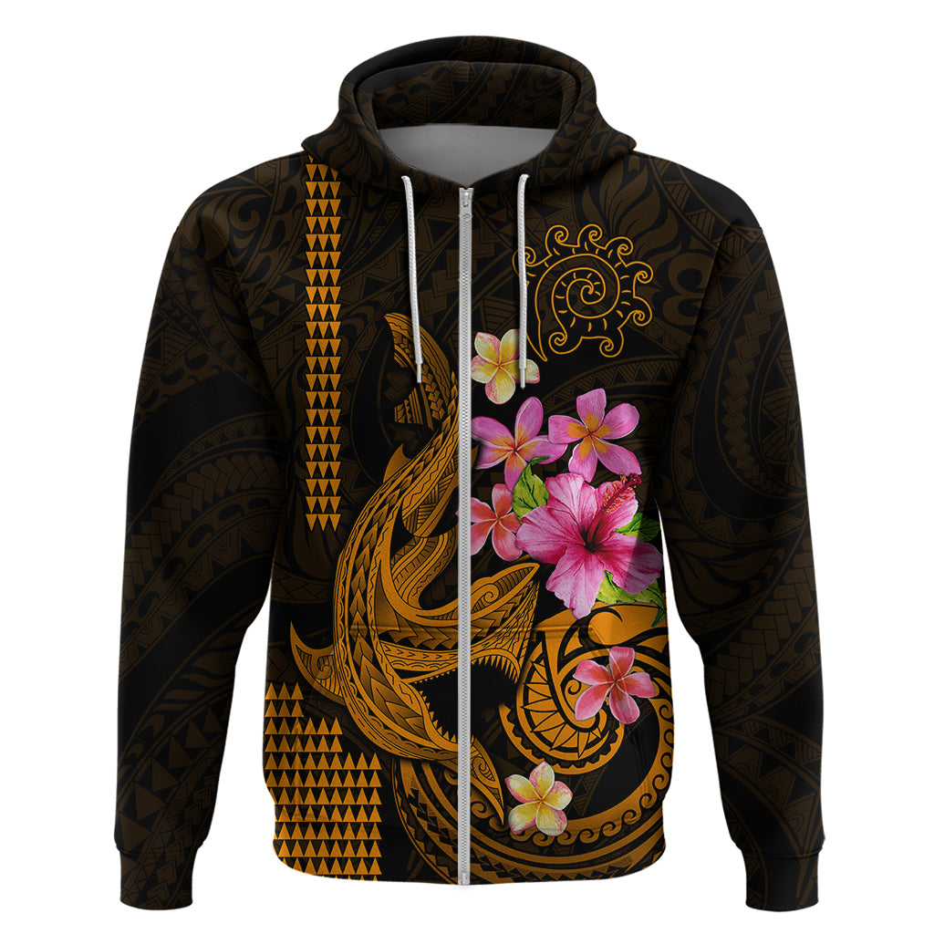 Custom Polynesian Hoodie Hawaiian Warriors with Tribal Shark Tattoos - Gold - Wonder Print Shop