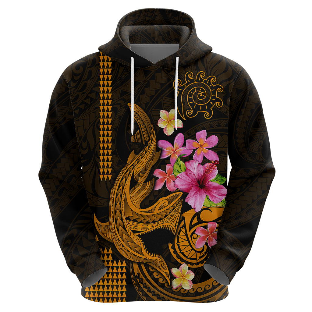 Custom Polynesian Hoodie Hawaiian Warriors with Tribal Shark Tattoos - Gold - Wonder Print Shop