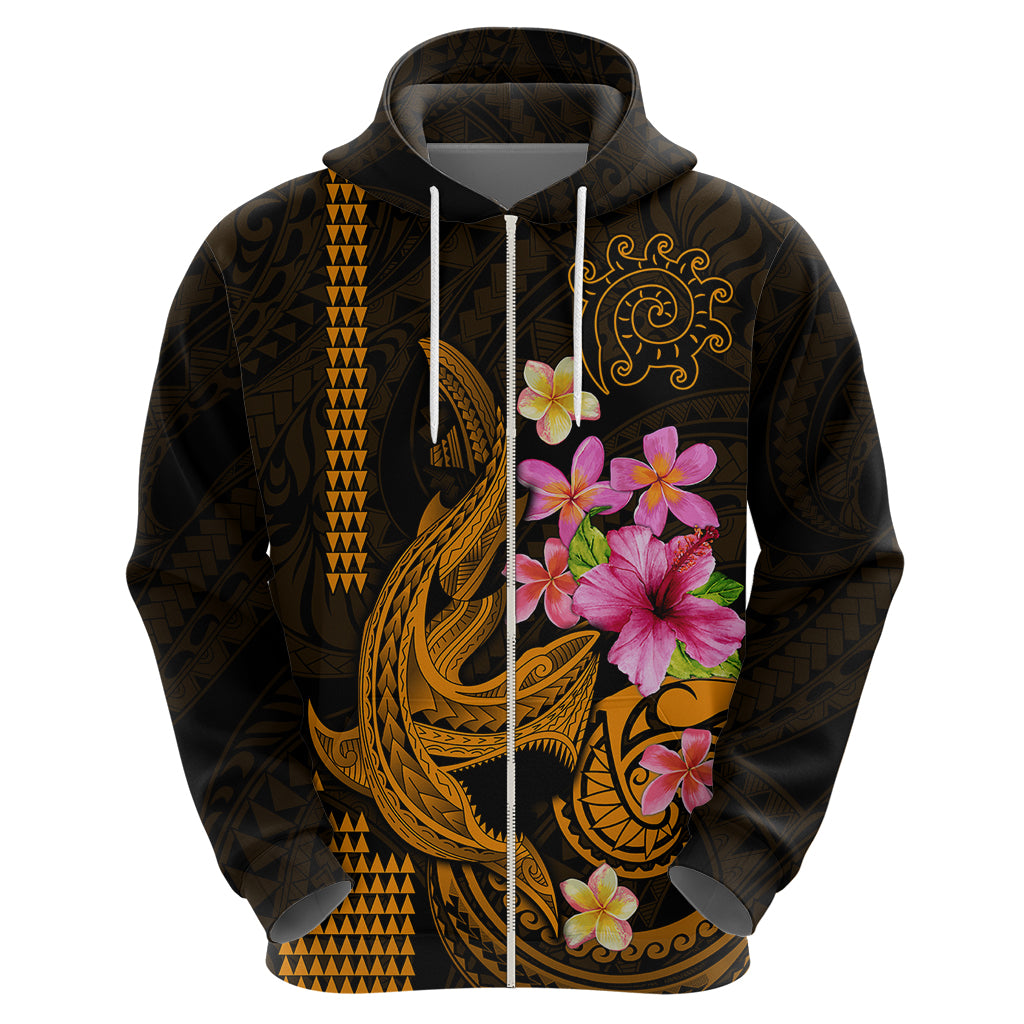 Custom Polynesian Hoodie Hawaiian Warriors with Tribal Shark Tattoos - Gold - Wonder Print Shop