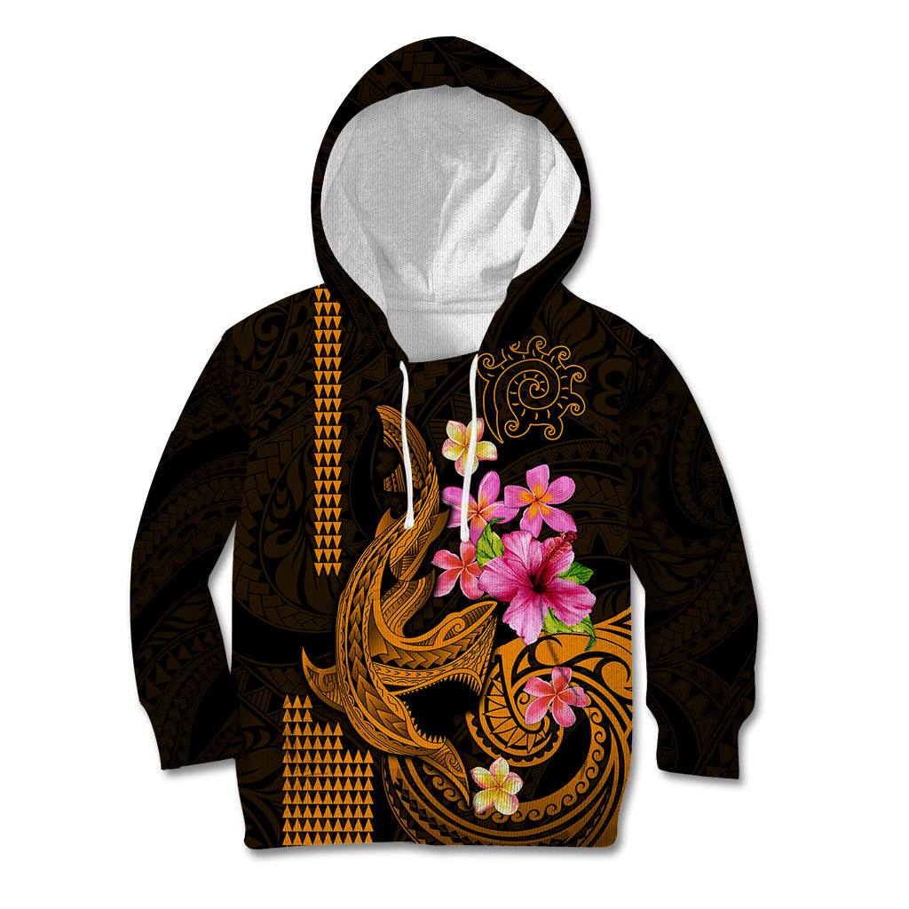 Custom Polynesian Kid Hoodie Hawaiian Warriors with Tribal Shark Tattoos - Gold - Wonder Print Shop