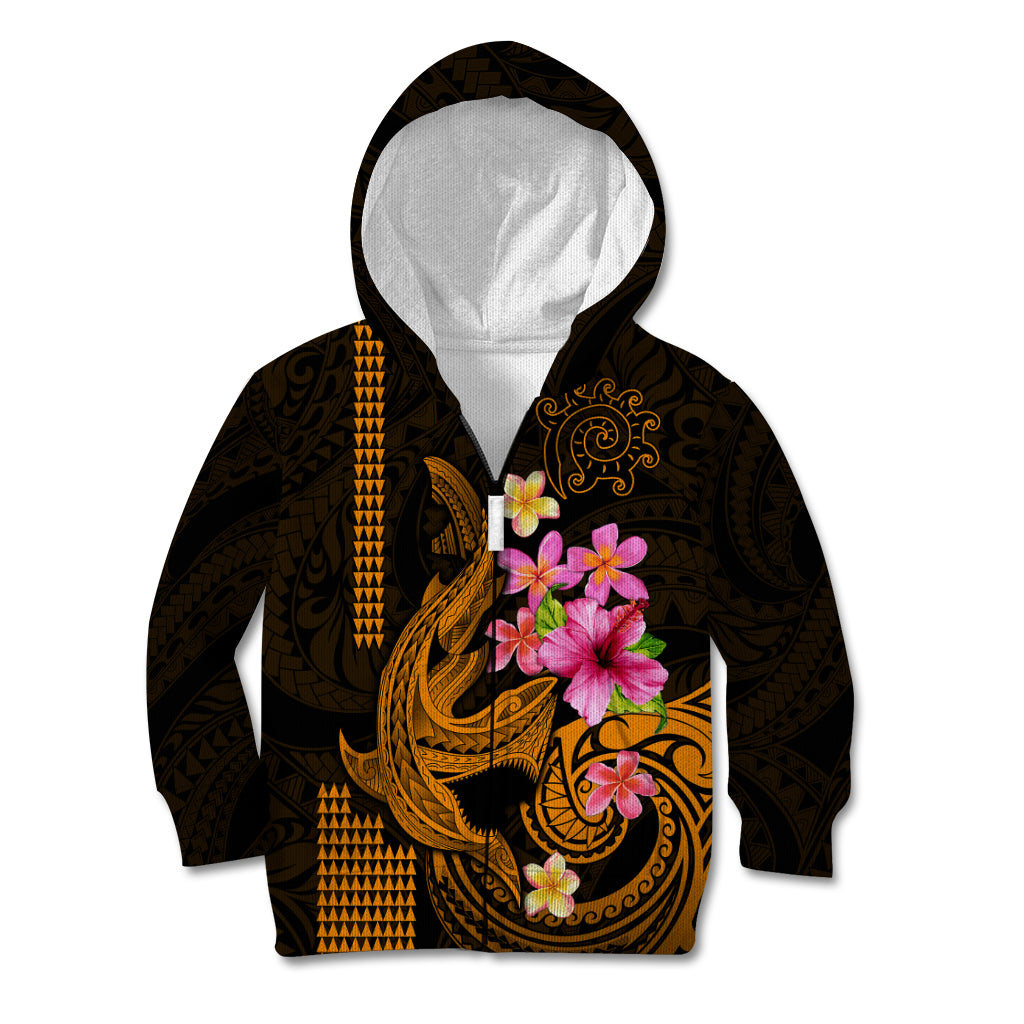 Custom Polynesian Kid Hoodie Hawaiian Warriors with Tribal Shark Tattoos - Gold - Wonder Print Shop