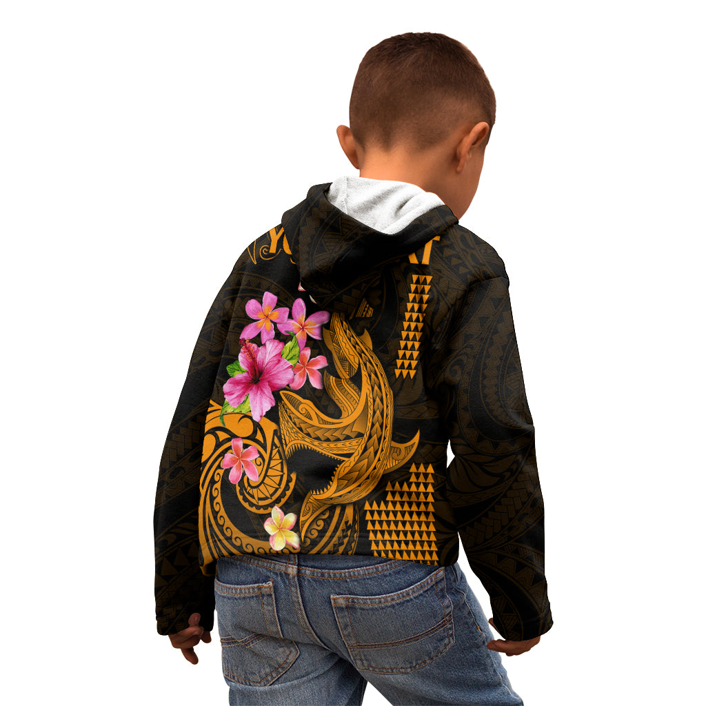Custom Polynesian Kid Hoodie Hawaiian Warriors with Tribal Shark Tattoos - Gold - Wonder Print Shop