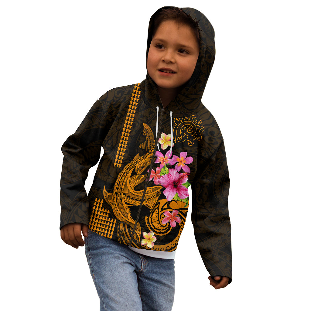 Custom Polynesian Kid Hoodie Hawaiian Warriors with Tribal Shark Tattoos - Gold - Wonder Print Shop
