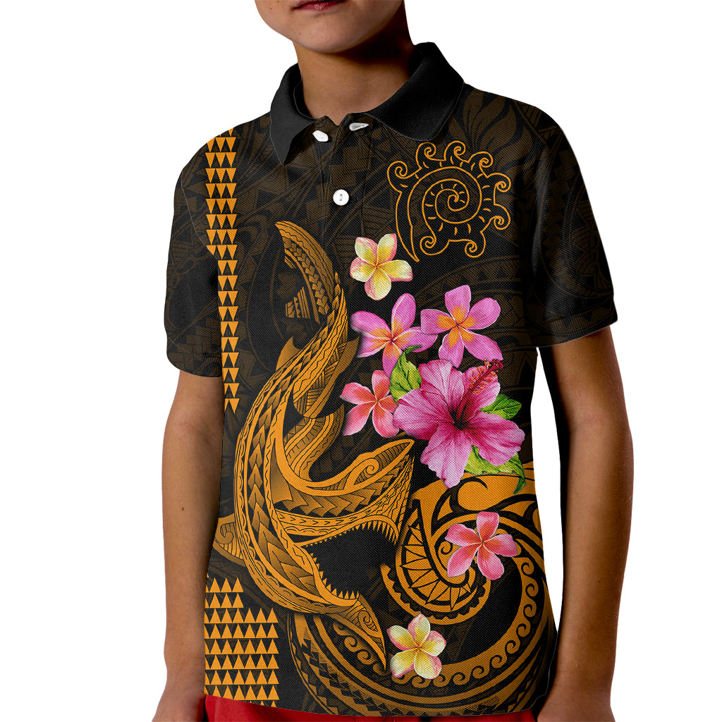Custom Polynesian Kid Polo Shirt Hawaiian Warriors with Tribal Shark Tattoos - Gold - Wonder Print Shop