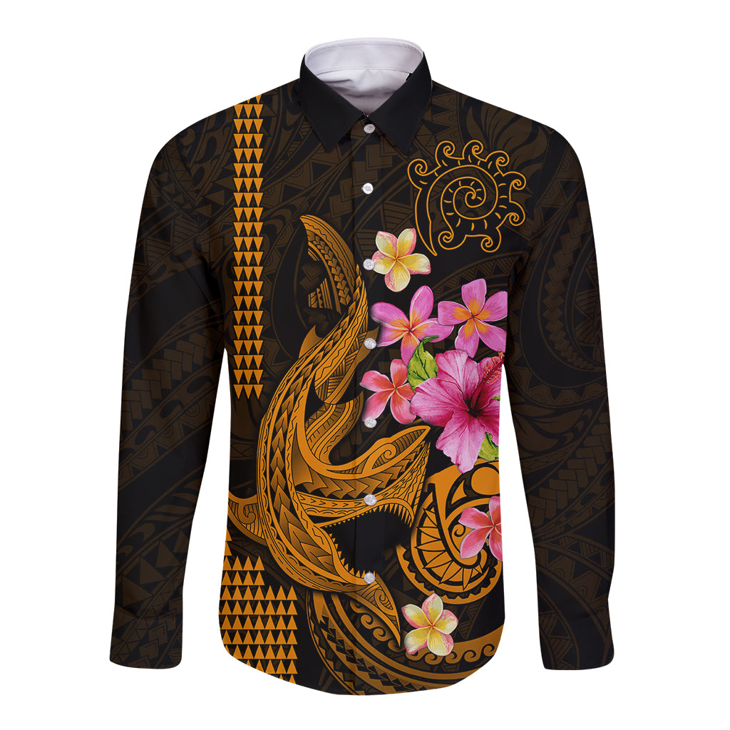 Custom Polynesian Long Sleeve Button Shirt Hawaiian Warriors with Tribal Shark Tattoos - Gold - Wonder Print Shop