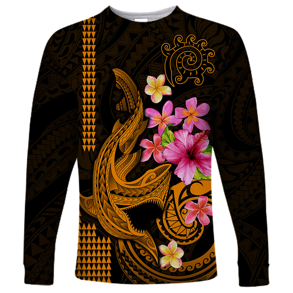Custom Polynesian Long Sleeve Shirt Hawaiian Warriors with Tribal Shark Tattoos - Gold - Wonder Print Shop
