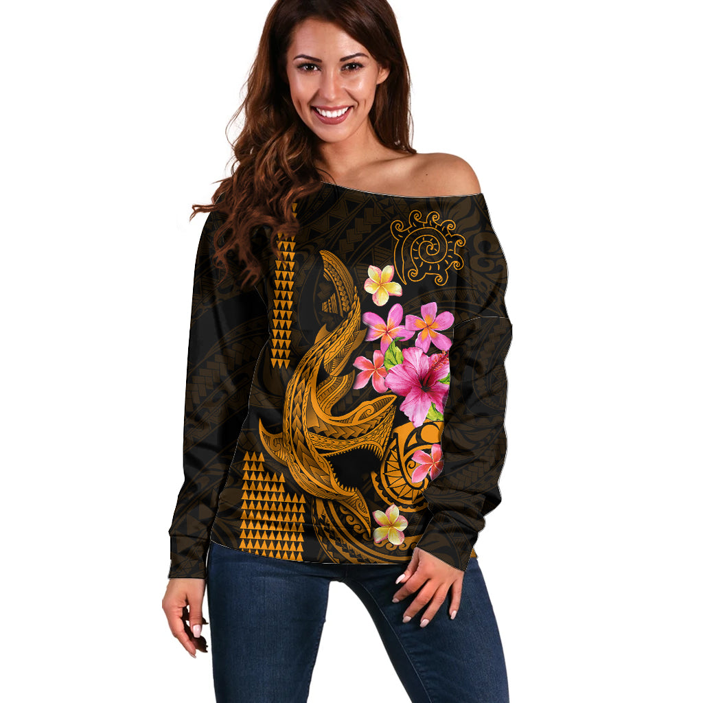 Custom Polynesian Off Shoulder Sweater Hawaiian Warriors with Tribal Shark Tattoos - Gold - Wonder Print Shop