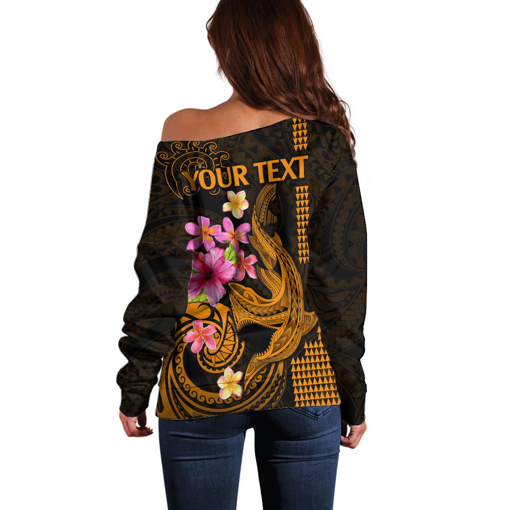 Custom Polynesian Off Shoulder Sweater Hawaiian Warriors with Tribal Shark Tattoos - Gold - Wonder Print Shop