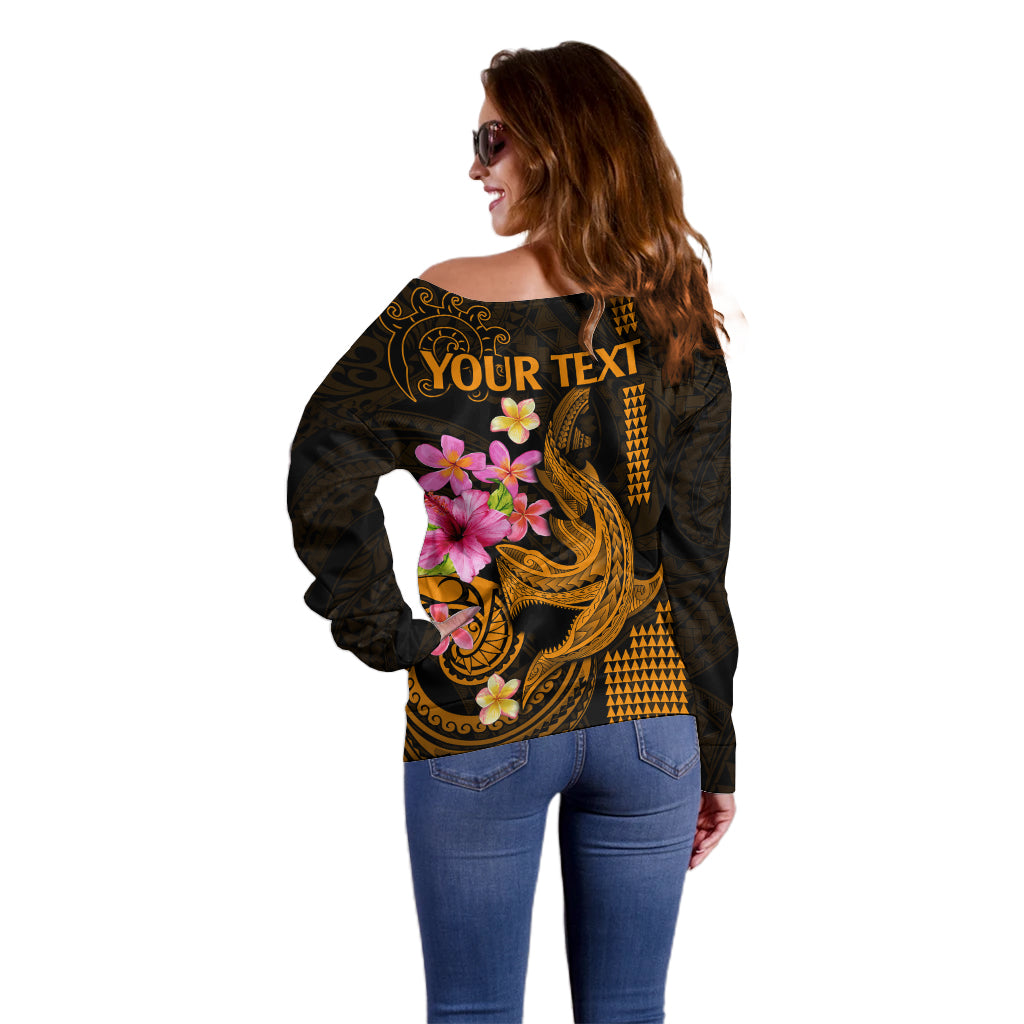 Custom Polynesian Off Shoulder Sweater Hawaiian Warriors with Tribal Shark Tattoos - Gold - Wonder Print Shop