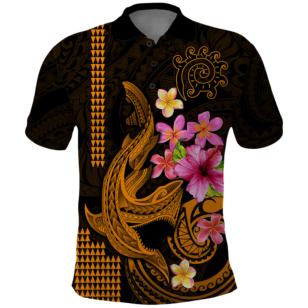 Custom Polynesian Polo Shirt Hawaiian Warriors with Tribal Shark Tattoos - Gold - Wonder Print Shop
